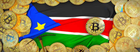 Bitcoins Gold around South Sudan  flag and pickaxe on the left.3D Illustration.の写真素材