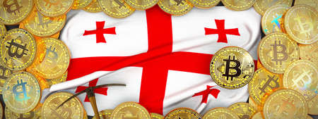 Bitcoins Gold around Georgia  flag and pickaxe on the left.3D Illustration.の写真素材