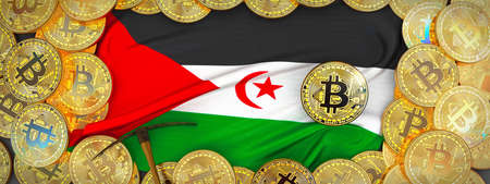 Bitcoins Gold around Sahrawi Arab DR  flag and pickaxe on the left.3D Illustration.の写真素材
