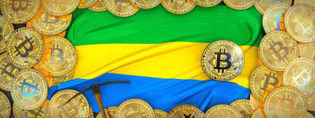 Bitcoins Gold around Gabon  flag and pickaxe on the left.3D Illustration.の写真素材