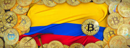 Bitcoins Gold around Colombia  flag and pickaxe on the left.3D Illustration.の写真素材