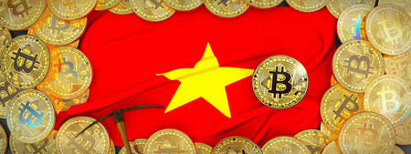 Bitcoins Gold around Vietnam  flag and pickaxe on the left.3D Illustration.の写真素材