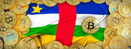 Bitcoins Gold around Central African  flag and pickaxe on the left.3D Illustration.の写真素材