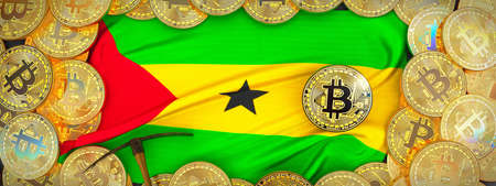Bitcoins Gold around Sao Tome  flag and pickaxe on the left.3D Illustration.の写真素材