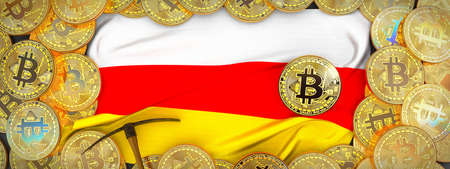 Bitcoins Gold around South Ossetia  flag and pickaxe on the left.3D Illustration.の写真素材