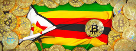 Bitcoins Gold around Zimbabwe  flag and pickaxe on the left.3D Illustration.の写真素材