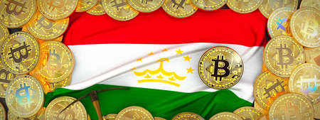 Bitcoins Gold around Tajikistan  flag and pickaxe on the left.3D Illustration.の写真素材