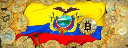 Bitcoins Gold around Ecuador  flag and pickaxe on the left.3D Illustration.の写真素材