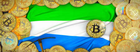 Bitcoins Gold around Sierra leone  flag and pickaxe on the left.3D Illustration.の写真素材