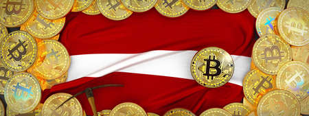 Bitcoins Gold around Latvia  flag and pickaxe on the left.3D Illustration.の写真素材