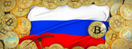 Bitcoins Gold around Russia  flag and pickaxe on the left.3D Illustration.の写真素材