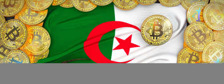 Bitcoins Gold around   flag and pickaxe on the left.3D Illustration.の写真素材