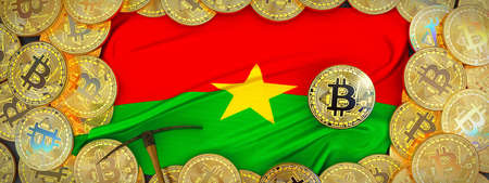 Bitcoins Gold around Burkina Faso  flag and pickaxe on the left.3D Illustration.の写真素材