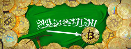 Bitcoins Gold around Saudi Arabia  flag and pickaxe on the left.3D Illustration.の写真素材