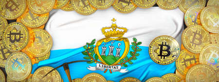 Bitcoins Gold around San marino  flag and pickaxe on the left.3D Illustration.の写真素材