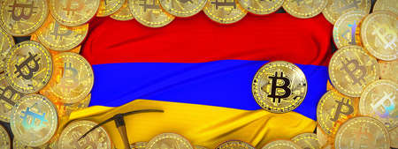 Bitcoins Gold around Armenia  flag and pickaxe on the left.3D Illustration.の写真素材