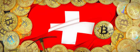 Bitcoins Gold around Switzerland  flag and pickaxe on the left.3D Illustration.の写真素材