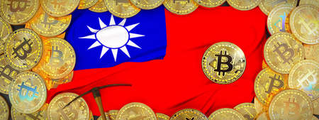 Bitcoins Gold around Taiwan  flag and pickaxe on the left.3D Illustration.の写真素材