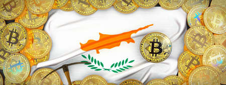 Bitcoins Gold around Cyprus  flag and pickaxe on the left.3D Illustration.の写真素材