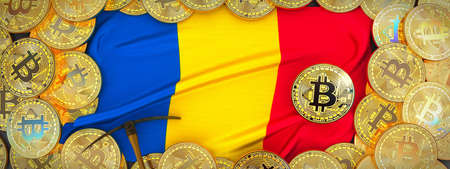 Bitcoins Gold around Romania  flag and pickaxe on the left.3D Illustration.の写真素材