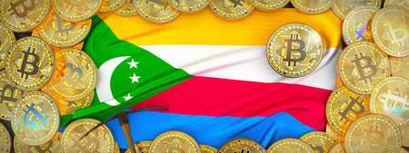 Bitcoins Gold around Comoros  flag and pickaxe on the left.3D Illustration.の写真素材