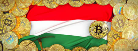 Bitcoins Gold around Hungary  flag and pickaxe on the left.3D Illustration.の写真素材