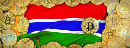 Bitcoins Gold around Gambia  flag and pickaxe on the left.3D Illustration.の写真素材