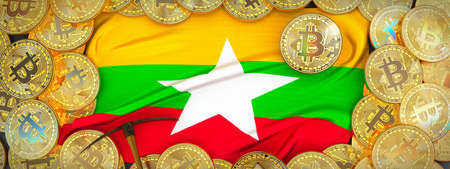 Bitcoins Gold around Burma  flag and pickaxe on the left.3D Illustration.の写真素材