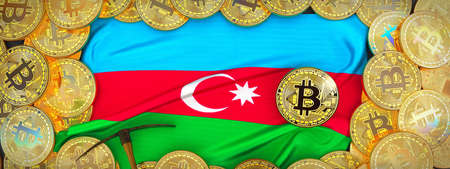 Bitcoins Gold around Azerbaijan  flag and pickaxe on the left.3D Illustration.の写真素材