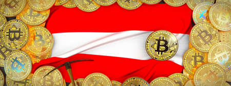 Bitcoins Gold around Austria  flag and pickaxe on the left.3D Illustration.の写真素材
