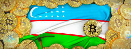 Bitcoins Gold around Uzbekistan  flag and pickaxe on the left.3D Illustration.の写真素材