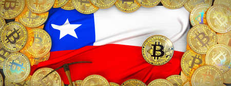 Bitcoins Gold around Chile  flag and pickaxe on the left.3D Illustration.の写真素材