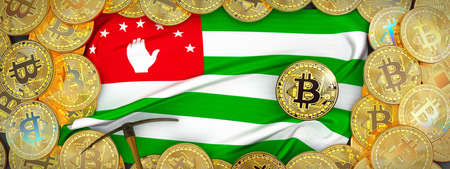 Bitcoins Gold around Abkhazia  flag and pickaxe on the left.3D Illustration.の写真素材