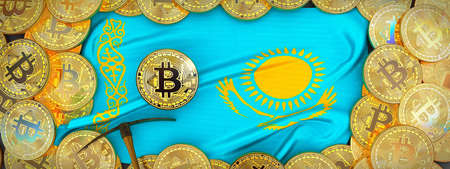 Bitcoins Gold around Kazakhstan  flag and pickaxe on the left.3D Illustration.の写真素材