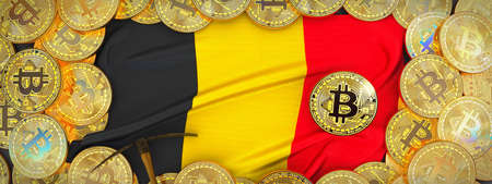 Bitcoins Gold around Belgium  flag and pickaxe on the left.3D Illustration.の写真素材