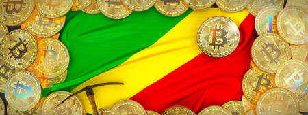 Bitcoins Gold around Republic Congo  flag and pickaxe on the left.3D Illustration.の写真素材