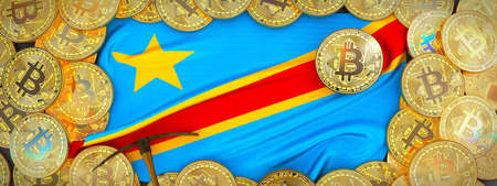 Bitcoins Gold around DR Congo  flag and pickaxe on the left.3D Illustration.の写真素材