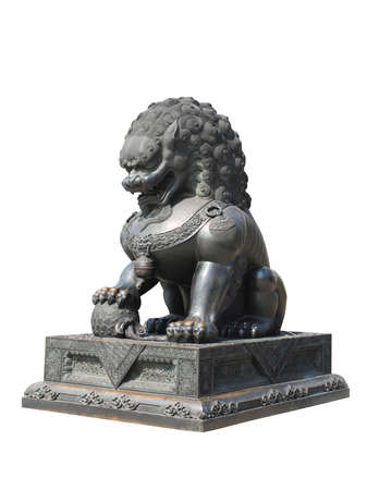 Chinese Imperial Lion Statue, Isolated on white background with clipping path の写真素材