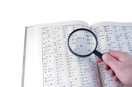 research (selective focus on some words of dictionary (center of magnifying glass))