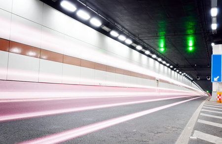 The tunnel at night, the lights formed a line 