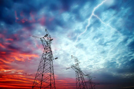lightning over power stationの写真素材