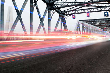 Night traffic lights inside of the Garden Bridge of shanghai china. の写真素材