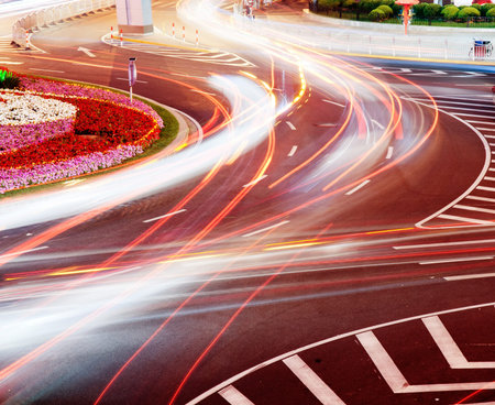 the light trails on the steet in shanghai china  