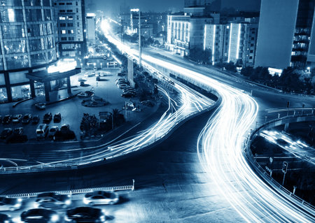 the light trails on the steet in shanghai china. 