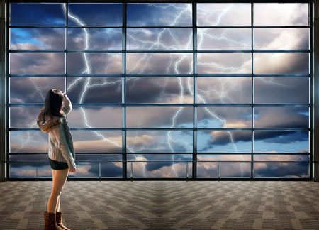 Through the large windows, Nature force background - lightnings in stormy Sky with dark clouds and...