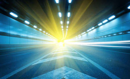 The tunnel at night, the lights formed a line.の写真素材