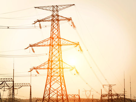 transmission power line on sunset