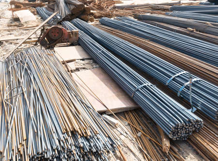 Steel rods or bars used to reinforce concreteの写真素材
