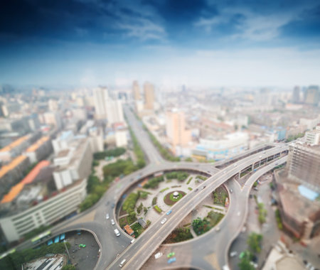 Aerial views of the city with tilt-shift effect