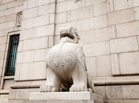 Shanghai Bund, stone lions in front of the ancient buildingsの写真素材